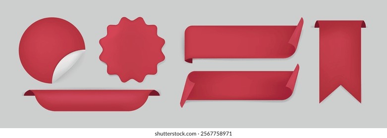 Set of red paper labels and ribbons. Includes round, starburst, and rectangular shapes. Red labels and ribbons for decoration or highlighting text. Red sale label set with copy space. Vectors.