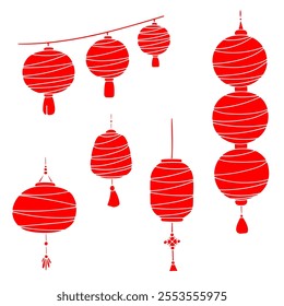 A set of red paper lanterns. Simple line art contour silhouette icons. Black shapes isolated on a white background. Web, digital design, print, papers, coloring pages, invitations, cards, calendars
