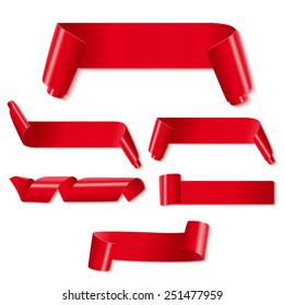 Set of red paper ribbons on white background. Vector illustration