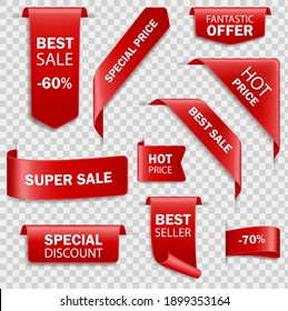 Set of red paper sale banners. Price tags vector collection. Order now icons of corner bookmarks, tags, flags and curved ribbons of red silk