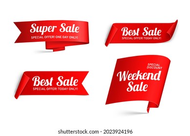 A set of red paper sale banners. Isolated on white background. Realistic style. Graphic labels for design. Stock vector illustration.