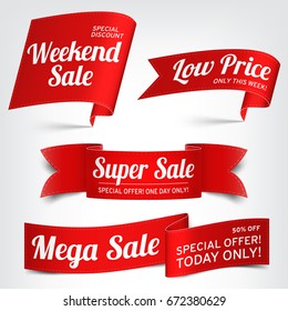 A set of red paper sale banners. Vector illustration.