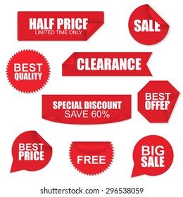 Set of red paper sale stickers on white background. Round, square, rectangular, twisted vector design template.