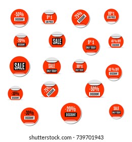 Set of red paper stickers discount and sale, isolated on white background. Design elements labels and tags, vector illustration.