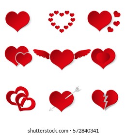 set of red paper style valentine hearth love symbols eps10