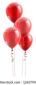 A set of red party balloons floating in the air.