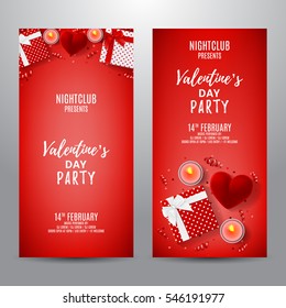 Set of red party flyers for Happy Valentine's Day. Top view on gift box and red case for ring. Beautiful backdrop with candles, confetti and serpentine. Vector illustration. Invitation to nightclub.