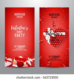 Set of red party flyers for Happy Valentine's Day. Top view on gift box and red case for ring. Beautiful backdrop with candles, confetti. Vector illustration. Invitation to nightclub.