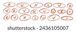 Set of red pencil check marks and crosses in ellipse or circle frames. Hand drawn vector filled boxes for answers in test, confirmation or negation charcoal drawn icons. Doodle check marks and crosses