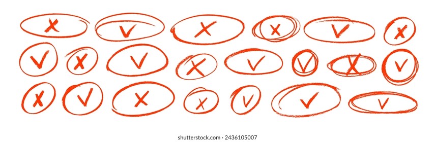 Set of red pencil check marks and crosses in ellipse or circle frames. Hand drawn vector filled boxes for answers in test, confirmation or negation charcoal drawn icons. Doodle check marks and crosses