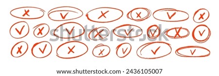 Set of red pencil check marks and crosses in ellipse or circle frames. Hand drawn vector filled boxes for answers in test, confirmation or negation charcoal drawn icons. Doodle check marks and crosses