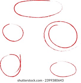 Conjunto de círculos de lápiz rojo para circular y apuntar. Marcas con tinta roja.