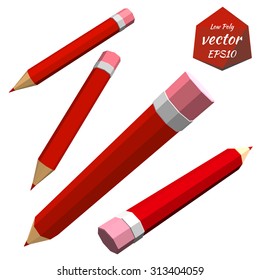 Set of red pencils isolated on white background. Low poly style.  Vector illustration. 