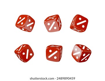 Set of red percentage cubes in 3D vector illustration, ideal for both business concepts and gaming elements. Isolated cartoon style design for versatile use in projects.