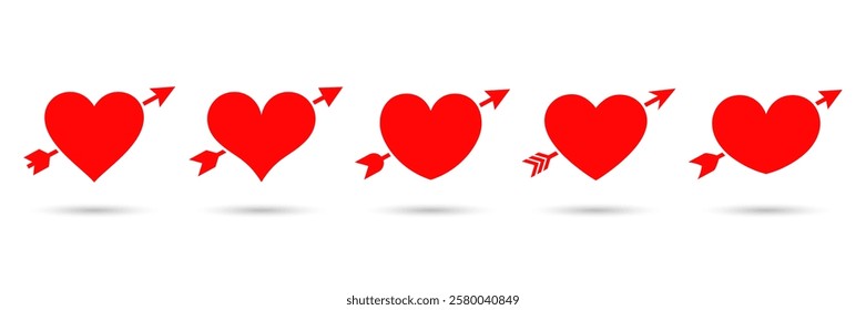 Set of red pierced heart icons for Valentine's Day. Heart icon set. Heart and arrow vector icons. Symbol lovestruck.