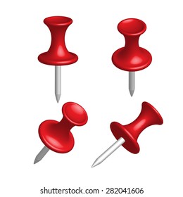Set of red pin different view, thumbtack, vector, illustration.