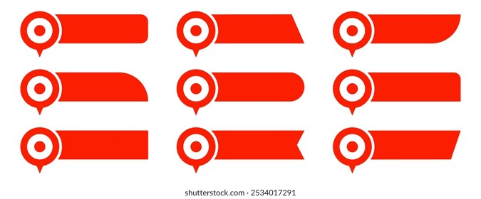 Set of red pin text tag icons. Pointer icon pin on the map with space for text vector collection