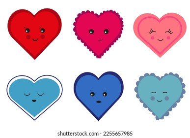 Set of red, pink and blue hearts. Hearts with different emotions and design. Smiling heart. Sad heart. Love icon sticker set. Valentine's day illustration vector.