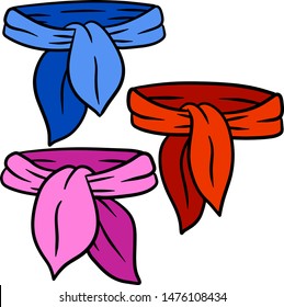 Set of red, pink, blue neckerchief. Scarf and clothes. The decorative element of the head. Bandana and kerchief with a knot. Cartoon Fashion accessory. Hand-drawn color sketch.