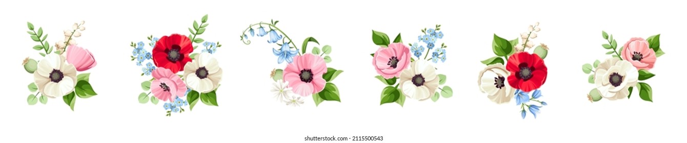 Set of red, pink, blue, and white poppy, bluebell, forget-me-not, and lily of the valley flowers isolated on a white background. Vector illustration.