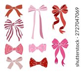 Set of red, pink, and brown decorative bows in various styles and patterns. Flat vector illustration  isolated on white background.