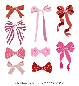 Conjunto de arcos decorativos rojos, rosados y marrones en varios estilos y patrones. Ilustración vectorial plana aislada sobre fondo blanco.