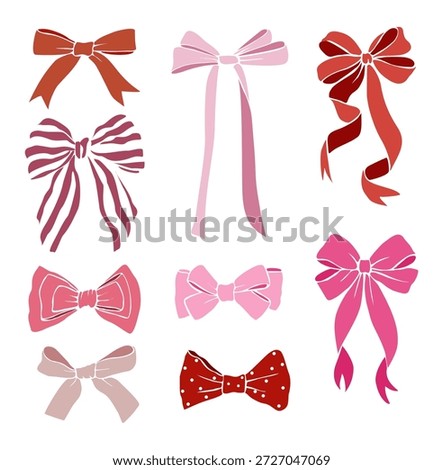 Set of red, pink, and brown decorative bows in various styles and patterns. Flat vector illustration  isolated on white background.