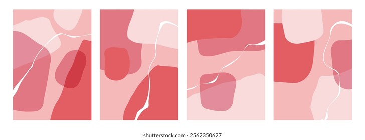 Set of red and pink colored abstract shapes. Transparent background. Festive overlays for Happy Valentine's Day holiday greetings and wedding invitations. Vector illustration.