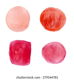 Set of red and pink cosmetic watercolor brush circles isolated on white. Make up colors. Vector