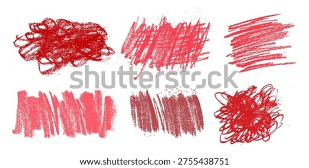 Set of red and pink crayon vector textures. Abstract kids background with magenta dry brush strokes, pencil squiggles, scribbles. Collection of hand drawn crayon marks, artistic messy doodle texture.