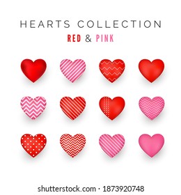 Set of red and pink decorative Hearts with shadow. Abstract decoration element. Stylized Hearts collection for greeting card or other templates. Vector illustration