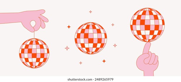 Conjunto de bolas de disco rojas y rosas con estrellas y manos sobre un fondo claro, ilustración de dibujos animados, estilo plano