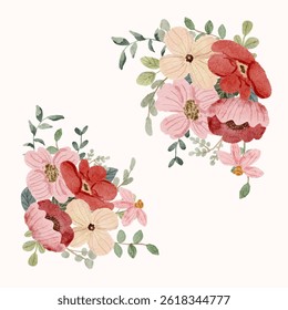 set of red pink floral watercolor bouquet