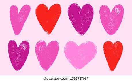 Set of red and pink grunge hearts icons. Grunge scribble brush stroke, ink heart shapes icons drawn with markers, crayons. Vector illustration for background, print, scrap booking, graphic design, web