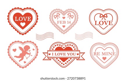 Conjunto de sellos de sello en forma de corazón rojo y rosa. San Valentín. Aislado sobre fondo blanco. Ilustración vectorial.