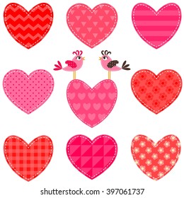 Set of red and pink hearts and birds