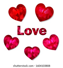 Set of red and pink hearts in the low poly style on a white background and the word love