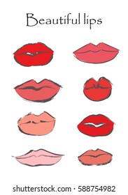 Set with red and pink lips on white background. Vector illustration 