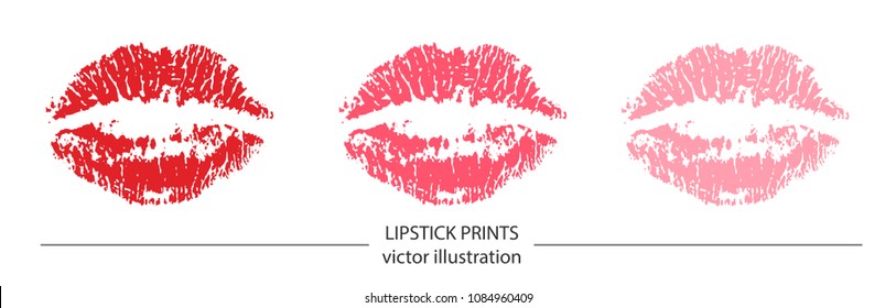 Set of red and pink lipstick prints on white background. Romantic print with lips. Realistic vector illustration. Kissing lips vector design for poster, decoration, logo, card, banner, postcard, print