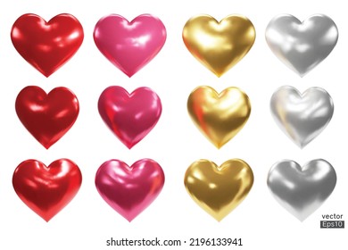 set of Red, pink metallic, gold, silver hearts 3D vector collection isolated on white background. Symbol of Love and Valentine's Day. Metal Heart shape icon 3D for design card. 3D vector illustration.