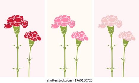 Set of red pink pale carnation flowers with green leaves vector illustration linocut style