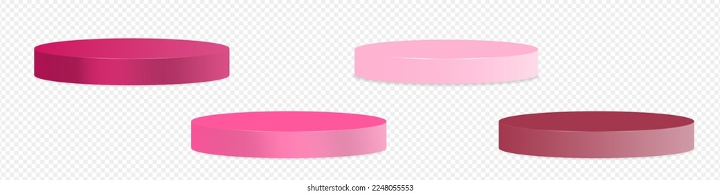 Set of Red and pink podiums 3d rendered. Round empty 3d podiums with subtle shadows.  Showroom pedestals.  Vector Illustration Mock up. EPS 10.