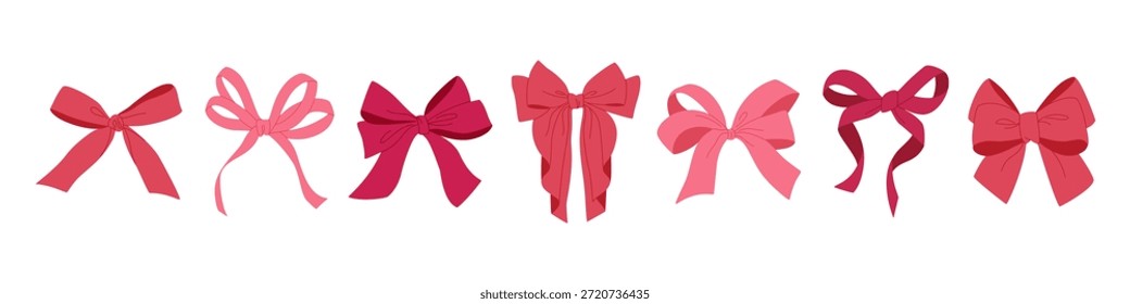 Set of red and pink ribbon bows. Festive decorative element. Girl accessory. Hand drawn vector illustration isolated on white background, modern flat cartoon style.