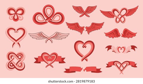 Set of red and pink romantic graphic ornaments including stylized hearts, feathered wings, infinity loops, decorative ribbons, and layered Celtic knots on a light pink background.