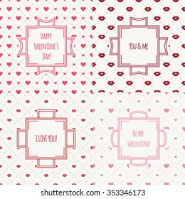 Set of red, pink romantic lips kiss seamless pattern with hearts. Wrapping paper. Frames. Vector illustration. Lipstick kiss. Background. Valentines day. Cards, invitations. Labels, badges.