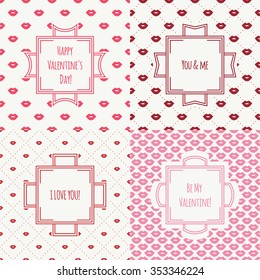 Set of red, pink romantic lips kiss seamless pattern. Wrapping paper. Vector illustration. Lipstick kiss. Background. Valentines day. Cards, invitations. Labels, badges.
