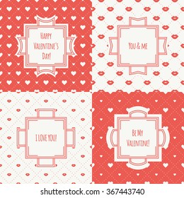 Set of red, pink romantic lips kiss seamless pattern with hearts. Wrapping paper. Frames. Vector illustration. Lipstick kiss. Background. Valentines day. Cards, invitations. Labels, badges.