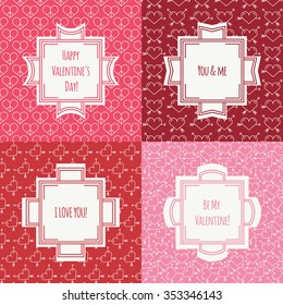 Set of red, pink romantic seamless pattern with hearts. Collection of wrapping paper. Vector illustration. Background. Valentines day. Vintage frames. Cards, invitations. Labels, badges