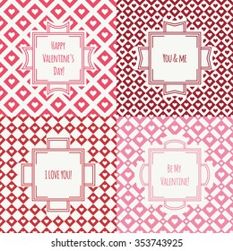 Set of red, pink romantic seamless pattern with hearts. Collection of wrapping paper. Vector illustration. Background. Valentines day. Vintage frames. Cards, invitations. Labels, badges