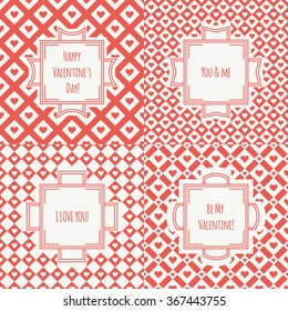 Set of red, pink romantic seamless pattern with hearts. Collection of wrapping paper. Vector illustration. Background. Valentines day. Vintage frames. Cards, invitations. Labels, badges